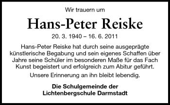 Traueranzeige von Hans-Peter Reiske von Echo-Zeitungen (Gesamtausgabe)