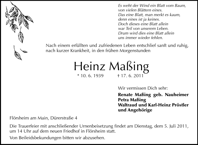  Traueranzeige für Heinz Maßing vom 25.06.2011 aus Rüsselsheimer Echo, Groß-Gerauer-Echo, Ried Echo