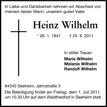 Traueranzeige von Heinz Wilhelm von Echo-Zeitungen (Gesamtausgabe)