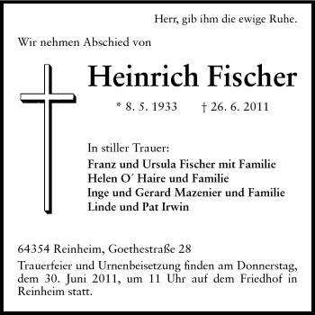 Traueranzeige von Heinrich Fischer von Darmstädter Echo, Odenwälder Echo, Rüsselsheimer Echo, Groß-Gerauer-Echo, Ried Echo
