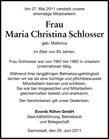 Traueranzeige von Maria Christina Schlosser von Echo-Zeitungen (Gesamtausgabe)