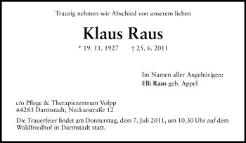 Traueranzeige von Klaus Raus von Echo-Zeitungen (Gesamtausgabe)