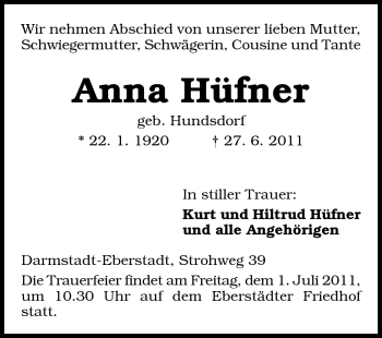 Traueranzeige von Anna Hüfner von Echo-Zeitungen (Gesamtausgabe)