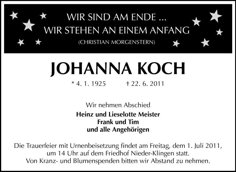  Traueranzeige für Johanna Koch vom 29.06.2011 aus Echo-Zeitungen (Gesamtausgabe)
