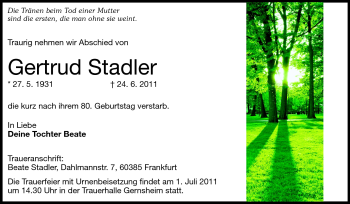 Traueranzeige von Gertrud Stadler von Echo-Zeitungen (Gesamtausgabe)