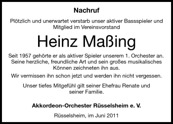 Traueranzeige von Heinz Maßing von Rüsselsheimer Echo, Groß-Gerauer-Echo, Ried Echo