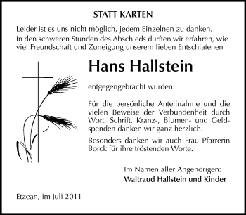 Traueranzeige von Hans Hallstein von Odenwälder Echo