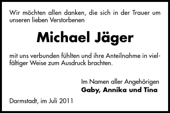 Traueranzeige von Michael Jäger von Darmstädter Echo, Odenwälder Echo, Rüsselsheimer Echo, Groß-Gerauer-Echo, Ried Echo