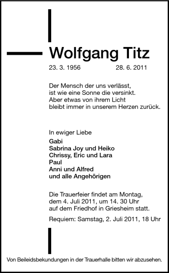 Traueranzeige von Wolfgang Titz von Echo-Zeitungen (Gesamtausgabe)