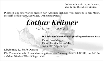 Traueranzeige von Lothar Krämer von Echo-Zeitungen (Gesamtausgabe)