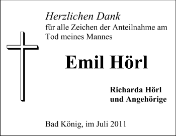 Traueranzeige von Emil Hörl von Odenwälder Echo