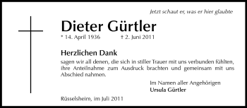 Traueranzeige von Dieter Gürtler von Rüsselsheimer Echo, Groß-Gerauer-Echo, Ried Echo