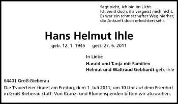 Traueranzeige von Hans Helmut Ihle von Echo-Zeitungen (Gesamtausgabe)