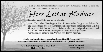 Traueranzeige von Lothar Krämer von Echo-Zeitungen (Gesamtausgabe)