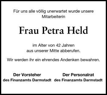 Traueranzeige von Petra Held von Darmstädter Echo, Odenwälder Echo, Rüsselsheimer Echo, Groß-Gerauer-Echo, Ried Echo