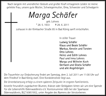Traueranzeige von Marga Schäfer von Odenwälder Echo