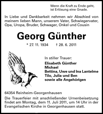 Traueranzeige von Georg Günther von Echo-Zeitungen (Gesamtausgabe)
