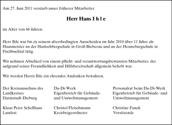 Traueranzeige von Hans Helmut Ihle von Echo-Zeitungen (Gesamtausgabe)