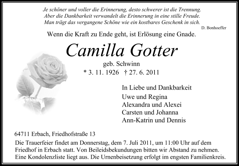  Traueranzeige für Camilla Gotter vom 04.07.2011 aus Odenwälder Echo