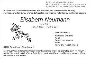 Traueranzeige von Elisabeth Neumann von Rüsselsheimer Echo, Groß-Gerauer-Echo, Ried Echo