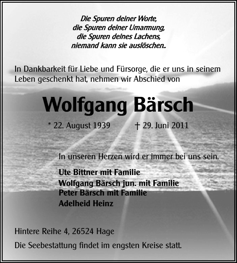  Traueranzeige für Wolfgang Bärsch  vom 02.07.2011 aus Rüsselsheimer Echo, Groß-Gerauer-Echo, Ried Echo