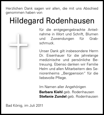 Traueranzeige von Hildegard Rodenhausen von Odenwälder Echo