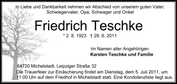 Traueranzeige von Friedrich Teschke von Odenwälder Echo