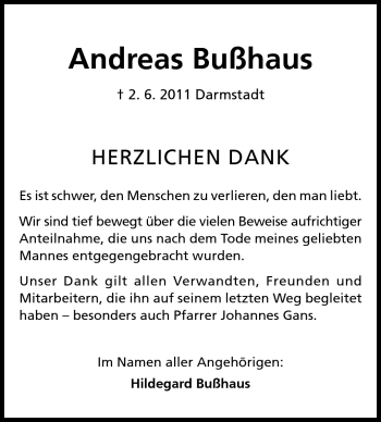 Traueranzeige von Andreas Bußhaus von Echo-Zeitungen (Gesamtausgabe)