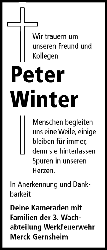 Traueranzeige von Peter Winter von Echo-Zeitungen (Gesamtausgabe)