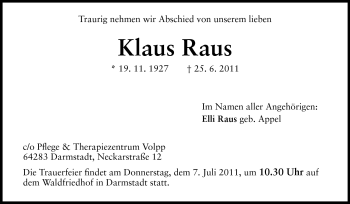 Traueranzeige von Klaus Raus von Echo-Zeitungen (Gesamtausgabe)