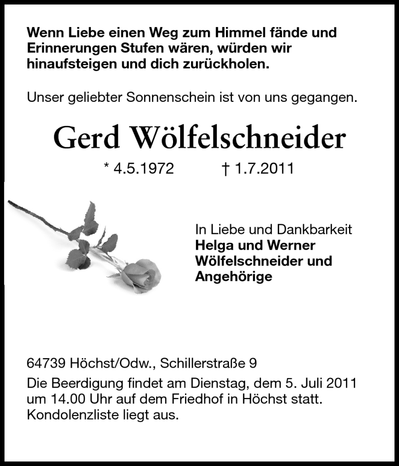  Traueranzeige für Gerd Wölfelschneider vom 04.07.2011 aus Odenwälder Echo