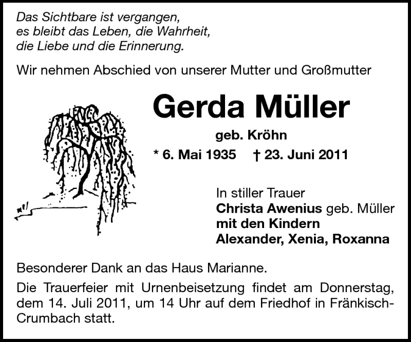  Traueranzeige für Gerda Müller vom 12.07.2011 aus Odenwälder Echo