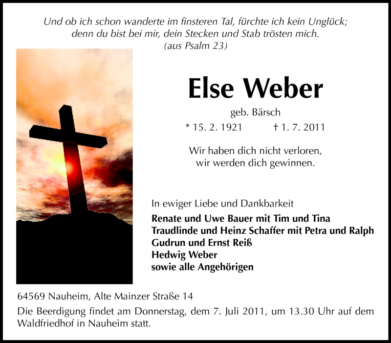  Traueranzeige für Else Weber vom 05.07.2011 aus Rüsselsheimer Echo, Groß-Gerauer-Echo, Ried Echo
