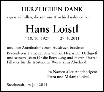 Traueranzeige von Hans Loistl von Rüsselsheimer Echo, Groß-Gerauer-Echo, Ried Echo