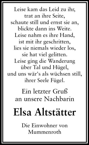 Traueranzeige von Elsa Katharina Altstätter von Odenwälder Echo