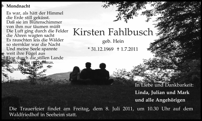  Traueranzeige für Kirsten Fahlbusch vom 06.07.2011 aus Echo-Zeitungen (Gesamtausgabe)