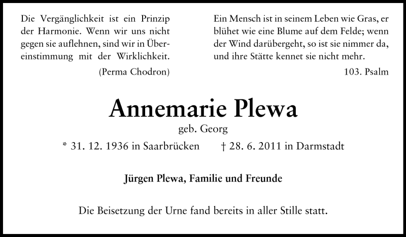  Traueranzeige für Annemarie Plewa vom 09.07.2011 aus Darmstädter Echo, Odenwälder Echo, Rüsselsheimer Echo, Groß-Gerauer-Echo, Ried Echo