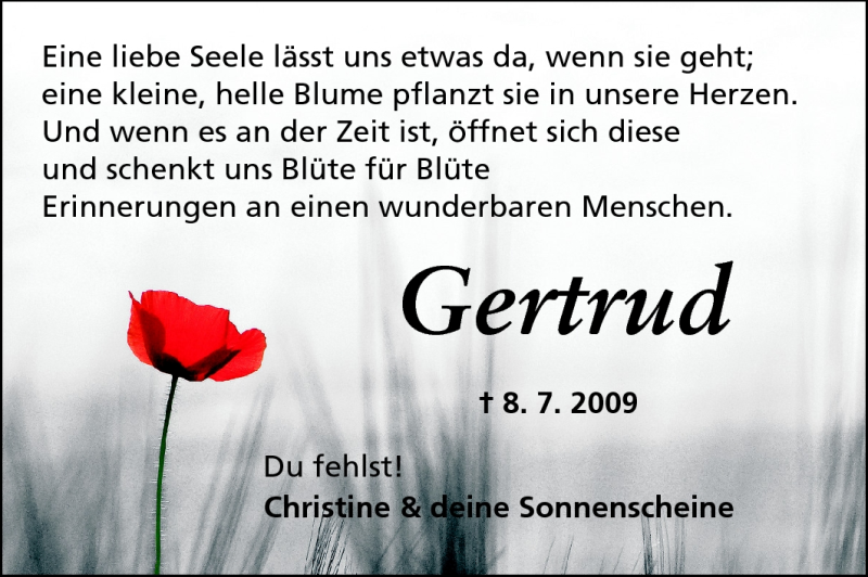  Traueranzeige für Gertrud - vom 08.07.2011 aus Rüsselsheimer Echo, Groß-Gerauer-Echo, Ried Echo