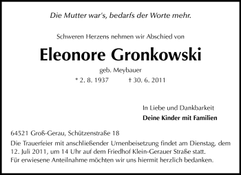Traueranzeige von Eleonore Gronkowski von Rüsselsheimer Echo, Groß-Gerauer-Echo, Ried Echo