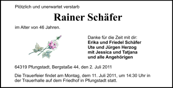 Traueranzeige von Rainer Schäfer von Darmstädter Echo, Odenwälder Echo, Rüsselsheimer Echo, Groß-Gerauer-Echo, Ried Echo