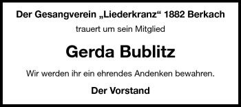 Traueranzeige von Gerda Bublitz von Rüsselsheimer Echo, Groß-Gerauer-Echo, Ried Echo