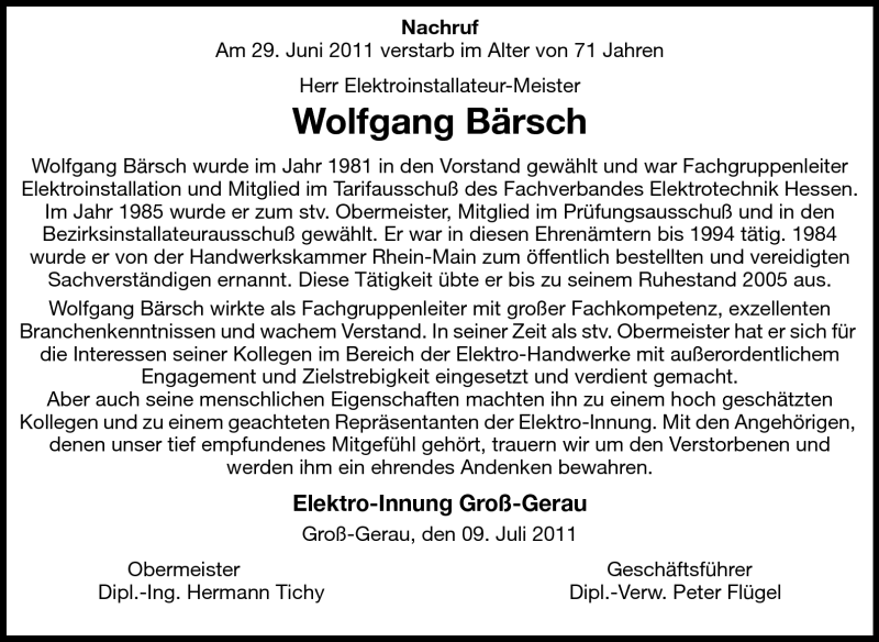  Traueranzeige für Wolfgang Bärsch  vom 09.07.2011 aus Rüsselsheimer Echo, Groß-Gerauer-Echo, Ried Echo