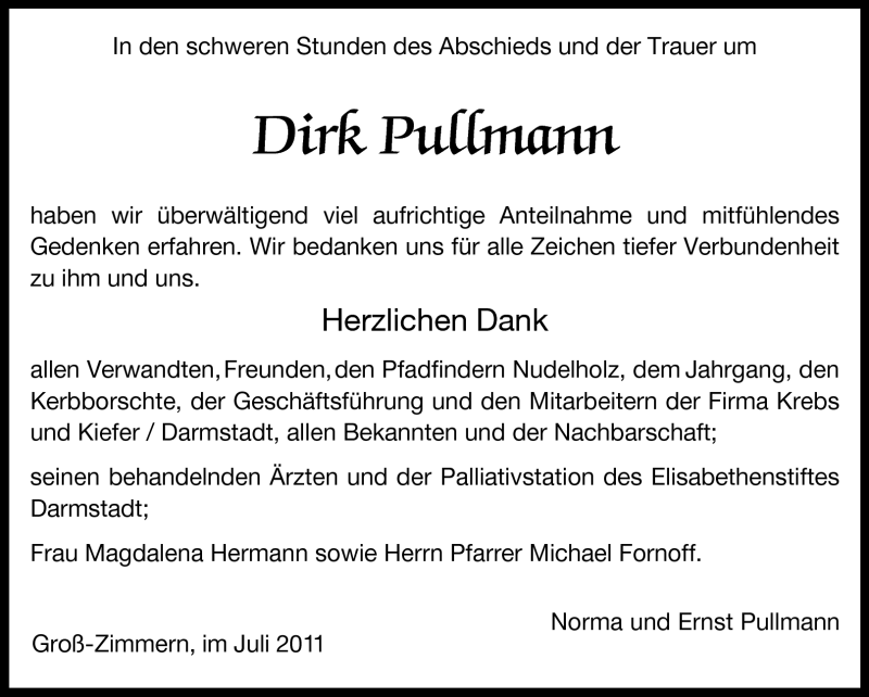  Traueranzeige für Dirk Pullmann vom 09.07.2011 aus Echo-Zeitungen (Gesamtausgabe)