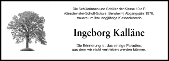Traueranzeige von Ingeborg Kalläne von Starkenburger Echo, Bergsträßer Anzeiger