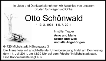 Traueranzeige von Otto Schönwald von Odenwälder Echo