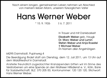 Traueranzeige von Hans Werner Weber von Darmstädter Echo, Odenwälder Echo, Rüsselsheimer Echo, Groß-Gerauer-Echo, Ried Echo