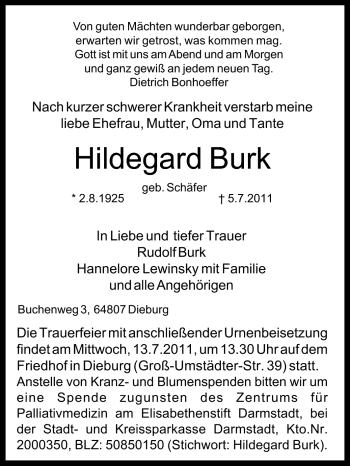 Traueranzeige von Hildegard Burk von Echo-Zeitungen (Gesamtausgabe)