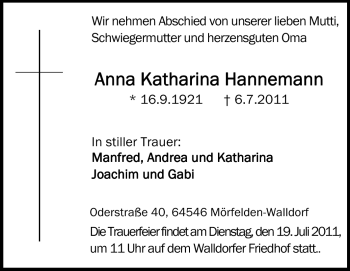 Traueranzeige von Anna-Katharina Hannemann von Rüsselsheimer Echo, Groß-Gerauer-Echo, Ried Echo