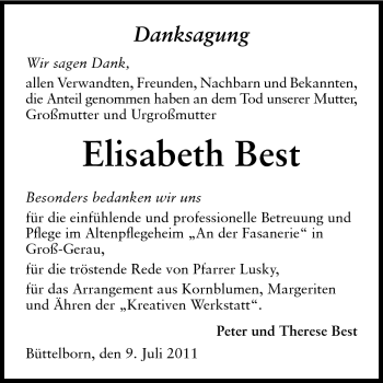 Traueranzeige von Elisabeth Best von Rüsselsheimer Echo, Groß-Gerauer-Echo, Ried Echo