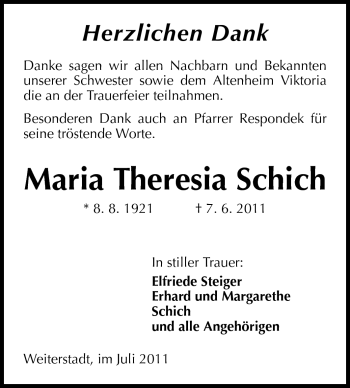 Traueranzeige von Maria Theresia Schich von Darmstädter Echo, Odenwälder Echo, Rüsselsheimer Echo, Groß-Gerauer-Echo, Ried Echo
